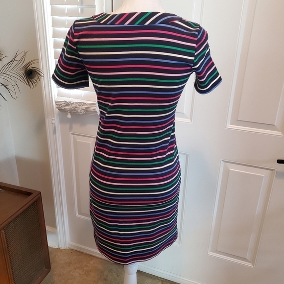 Talbots dress Womens P XS Stripes Colorful Blue Bow Neck Stretchy Shift - Picture 2 of 13